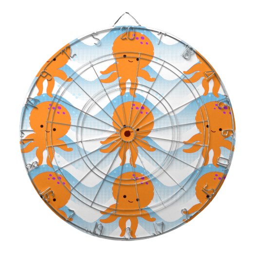 オレンジ色のタコと青い波のパターン ダーツボード (正面)