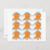 オレンジ色のタコと青い波のパターン ポストカード (正面/裏面)