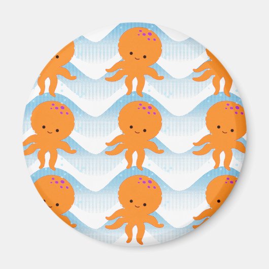 オレンジ色のタコと青い波のパターン マグネット (正面)