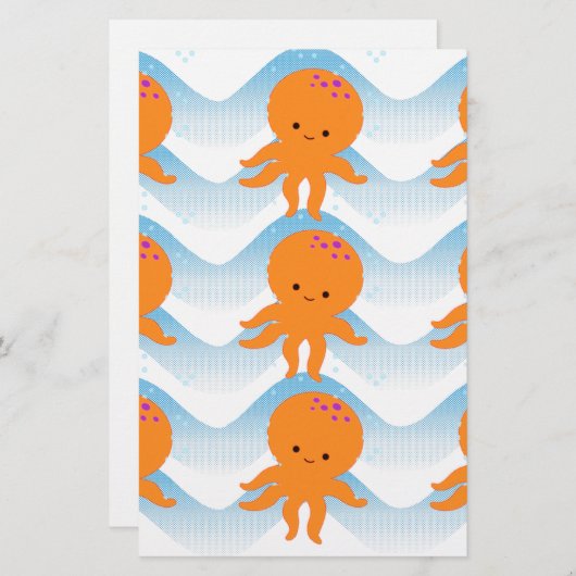 オレンジ色のタコと青い波のパターン 便箋 (正面/裏面)