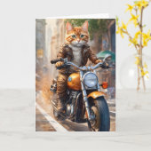 オレンジ色のタビー猫がバイクでお出かけ カード (黄色い花)