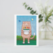 オレンジ色のタビー猫と花の蝶はがき ポストカード (スタンド正面)