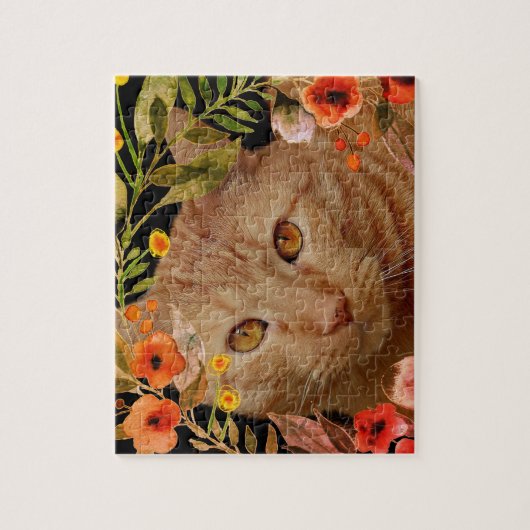 オレンジ色のタビー猫の写真とフラワーフレームのジグソー ジグソーパズル (縦)