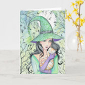 オレンジ色のタビー猫カード付き魔女 カード (黄色い花)