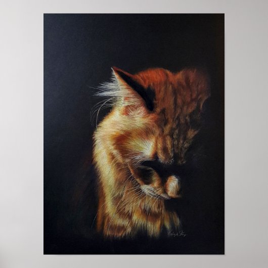 オレンジ色のタビー猫「ステイ・ストロング」カラーの鉛筆アート ポスター (正面)
