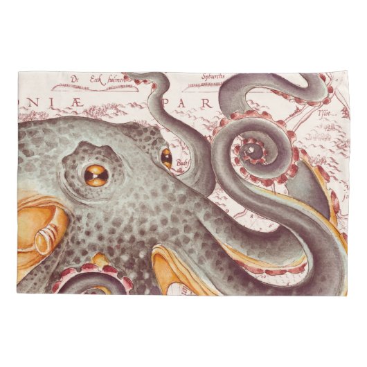 オレンジ色のタンジェリンタコ触手ヴィンテージマップ 枕カバー (裏面)