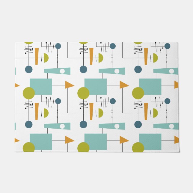 オレンジ色のターコイズ緑のシェイプの線の世紀中頃 ドアマット (正面)