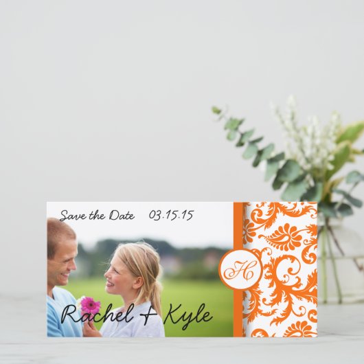 オレンジ色のダマスクの渦巻き旋回が日付写真を保存 セーブザデート (スタンド正面)