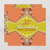 オレンジ色のダマスク生地を使った50歳の誕生日パーティー招待状 招待状 (正面/裏面)