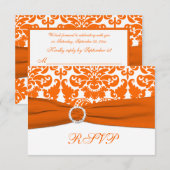 オレンジ色のダマスク織りの白いリボン付返信カード 出欠カード (正面/裏面)