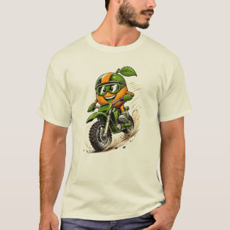 オレンジ色のダートバイクに乗るコミカルなライダー Tシャツ