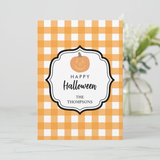 オレンジ色のチェック柄 ハロウィン 秋の装飾 オレンジ色の秋 シーズンカード (スタンド正面)