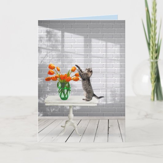 オレンジ色のチューリップが似合う猫 カード (正面)