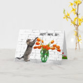 オレンジ色のチューリップ付き猫の名前（日） カード (黄色い花)
