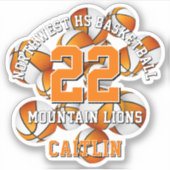 オレンジ色のチームカラーのバスケットボールが子供の名前と一緒 シール (正面)