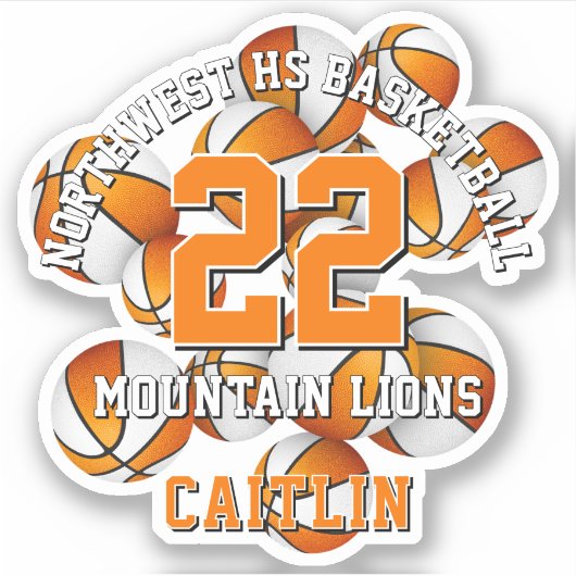 オレンジ色のチームカラーのバスケットボールが子供の名前と一緒 シール (正面)