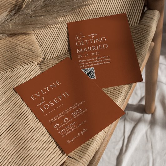 オレンジ色のテラコッタ ミニマル ボーホー ウェディング 招待状