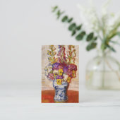 オレンジ色のテーブルに青と白の花瓶の花 名刺 (スタンド正面)