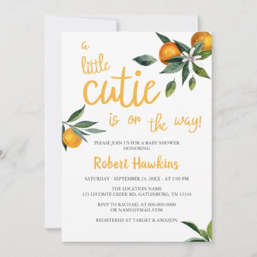 オレンジ色のテーマの小さなかわいこちゃんの赤ちゃんシャワー 招待状 (正面)