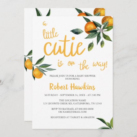 オレンジ色のテーマの小さなかわいこちゃんの赤ちゃんシャワー 招待状 (正面/裏面)