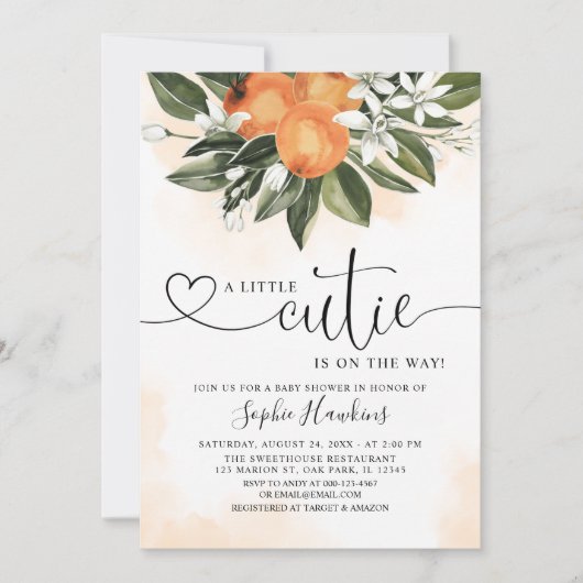 オレンジ色のテーマの小さなかわいこちゃんの赤ちゃんシャワー 招待状 (正面)