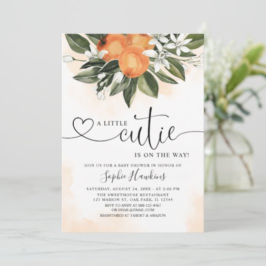 オレンジ色のテーマの小さなかわいこちゃんの赤ちゃんシャワー 招待状 (スタンド正面)