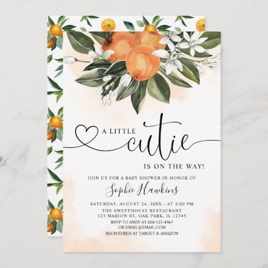 オレンジ色のテーマの小さなかわいこちゃんの赤ちゃんシャワー 招待状 (正面/裏面)