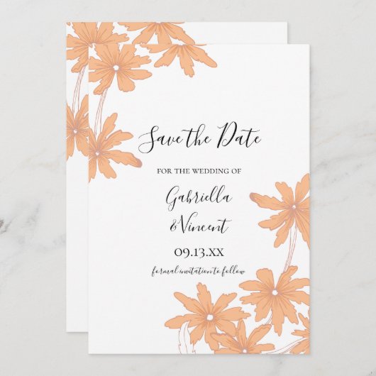 オレンジ色のデイジーホワイトウェディングに日付を保存 セーブザデート (正面/裏面)