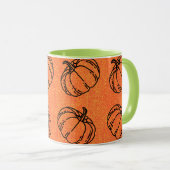 オレンジ色のデニム柄にオータムパンプキン マグカップ (正面右)