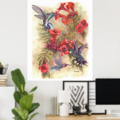 オレンジ色のトランペットつる植物を持つ青いハミング鳥 ポスター (ホームオフィス)