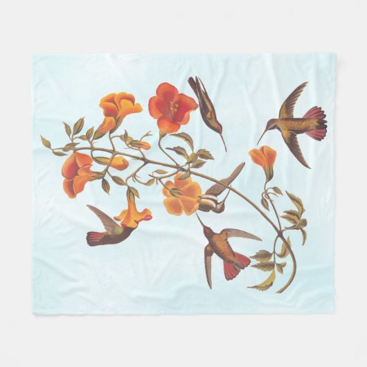 オレンジ色のトランペットの花とマングローブのハミングバード フリースブランケット (正面(横))