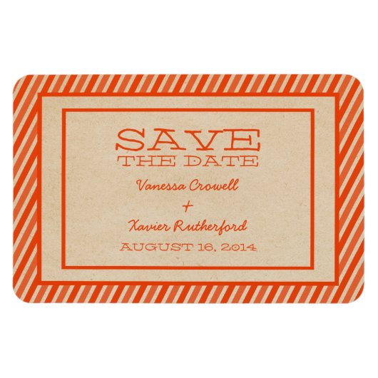 オレンジ色のトレンディーストライプSave the Date Magnet マグネット (横)