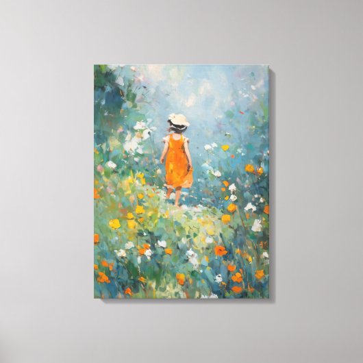オレンジ色のドレスの少女の印象派の絵画 サマーメドウ キャンバスプリント (正面)