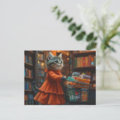 オレンジ色のドレスを着たかわいい子猫が食料品を買い物 ポストカード (スタンド正面)