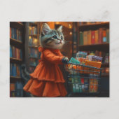 オレンジ色のドレスを着たかわいい子猫が食料品を買い物 ポストカード (正面)