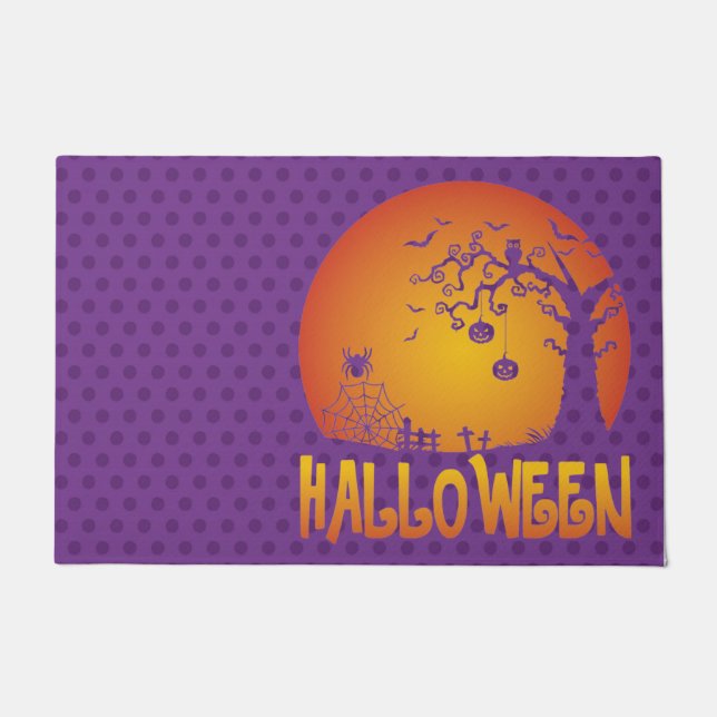 オレンジ色のナイトリー不気味ズカボチャ付き紫 ドアマット (正面)