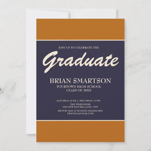 オレンジ色のネイビーブルーの卒業パーティーの写真を焼いた 招待状 (正面)