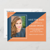 オレンジ色のネイビーブルー卒業の日付を保存 案内ポストカード (正面/裏面)