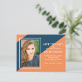 オレンジ色のネイビーブルー卒業の日付を保存 案内ポストカード (スタンド正面)