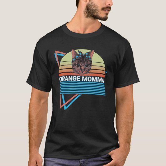 オレンジ色のネコ レトロ柄 Tシャツ (正面)