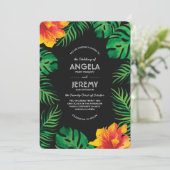 オレンジ色のハイビスカスとトロピカルリーフの結婚式 招待状 (スタンド正面)