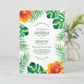 オレンジ色のハイビスカスとトロピカルリーフ2 ウェディング 招待状 (スタンド正面)