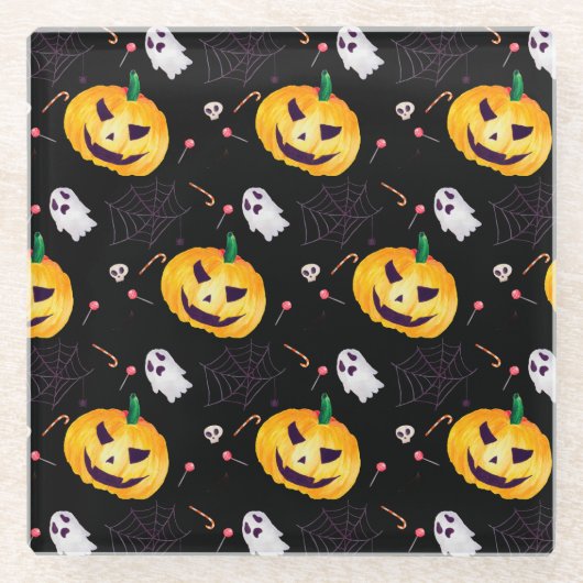 オレンジ色のハロウィンカボチャと幽霊付きブラック ガラスコースター (正面)