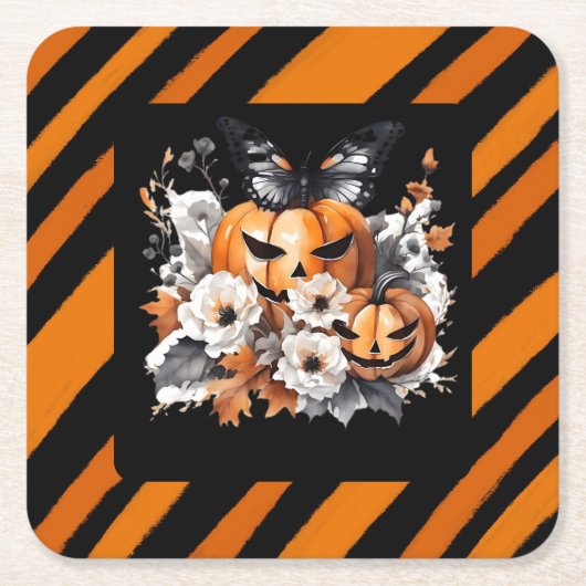 オレンジ色のハロウィンカボチャの花模様 スクエアペーパーコースター (正面)