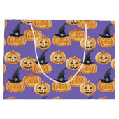 オレンジ色のハロウィンジャックとランタンの紫 ラージペーパーバッグ (裏面)