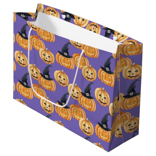オレンジ色のハロウィンジャックとランタンの紫 ラージペーパーバッグ (正面アングル)