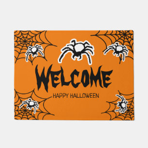 オレンジ色のハロウィン用ドアマット、怖いクモの巣付き ドアマット