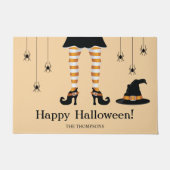オレンジ色のハロウィン魔女の足とクモのデザイン 名入れ可能 ドアマット (正面)