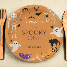 オレンジ色のハロウィン1歳の誕生日おめでとう!スプーキー・ワン ペーパープレート