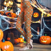 オレンジ色のハロウィン・スカル&フラワーパターン レギンス